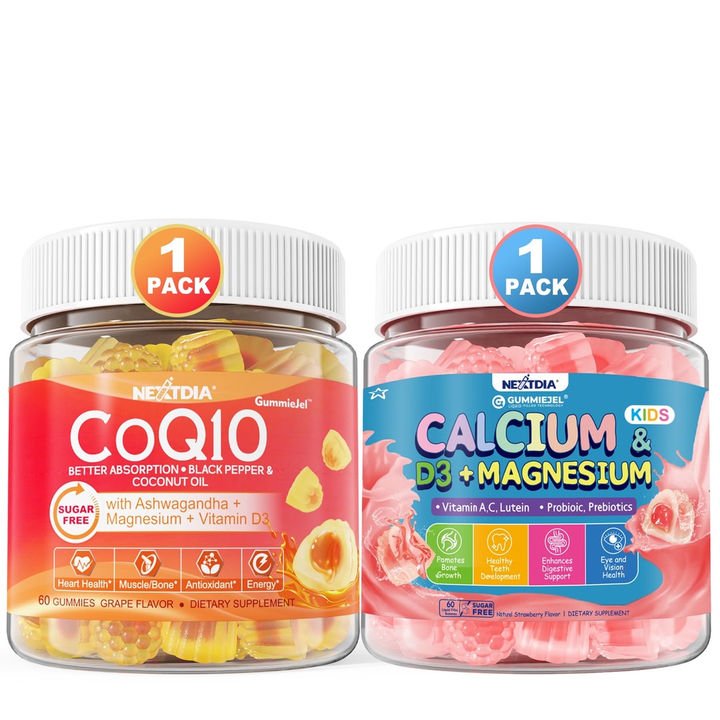 Nextdia Coq10 100mg 200mg Filled Gummies with Ashwagandha & Calcium + D3 & Magnesium Filled Gummies for Kids 4+