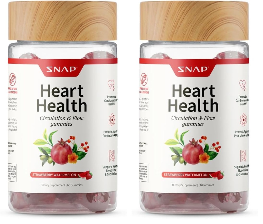Snap Supplements Heart Health Gummies, Blood Circulation Supplements, CoQ10 Heart Health Supplements, Blood Flow Supplement, Sugar Free, 60 Gummies (Pack of 2)