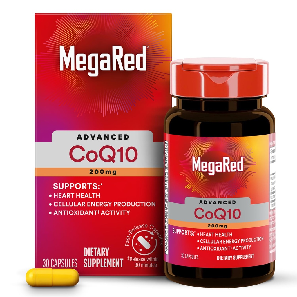 MegaRed Advanced CoQ10 Supplements- 200mg Per Serving, Powerful Antioxidant that Supports Cellular Energy Production and Protects Against Free Radicals*- 30 Coenzyme Q10 Capsules, 30 Servings