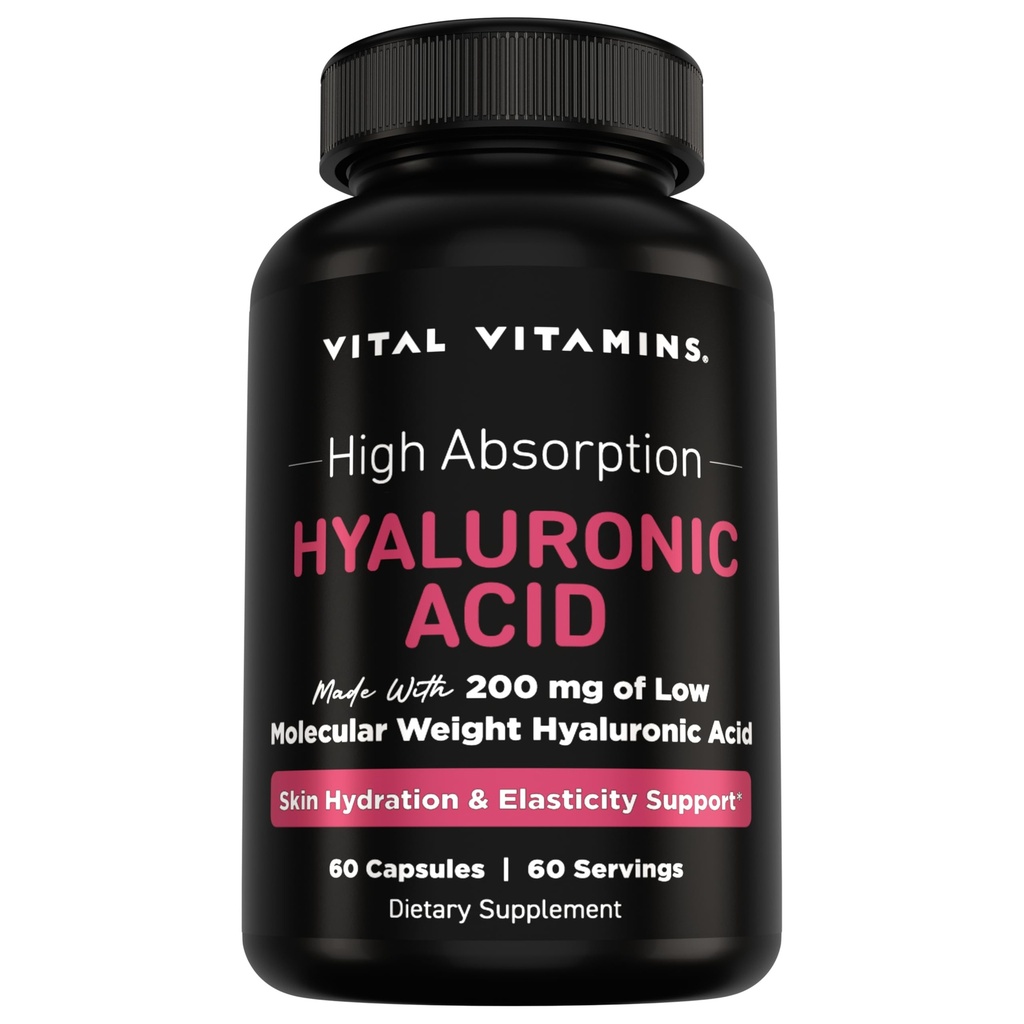 Vital Vitamins Hyaluronic Acid Supplements - Made with 200mg of Low Molecular Weight Hyaluronic Acid - Supports Skin Hydration & Elasticity from Within - 60 Capsules, 60 Servings