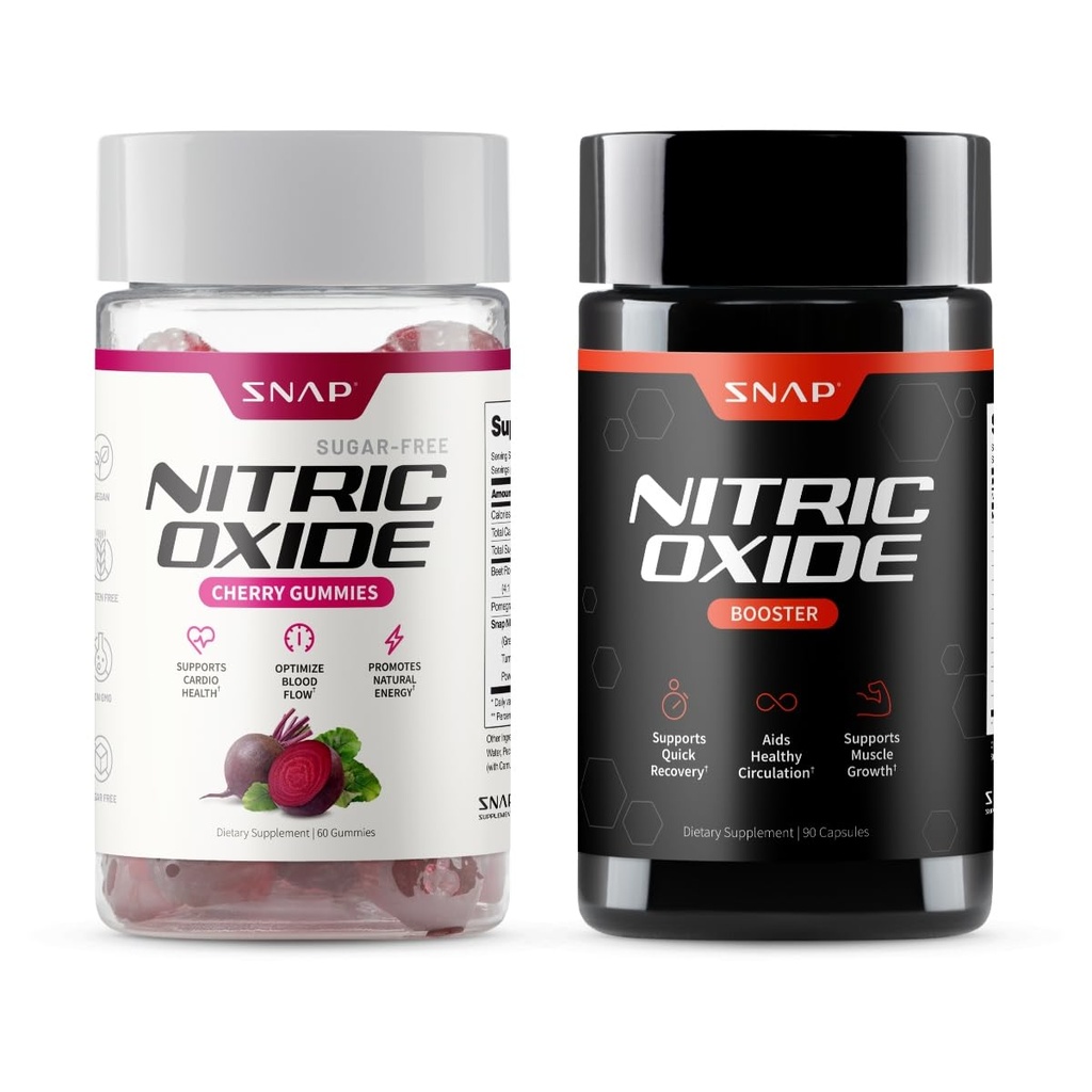 Snap Supplements Nitric Oxide Beet Root Gummies + Nitric Oxide Booster Bundle, 60 Cherry Gummies + 90 Vegetarian Capsules
