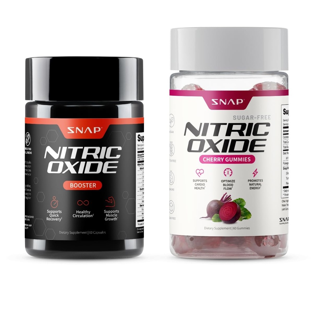 Snap Supplements Nitric Oxide Booster + Nitric Oxide Beet Root Gummies Bundle, 60 Vegetarian Capsules + 60 Cherry Gummies