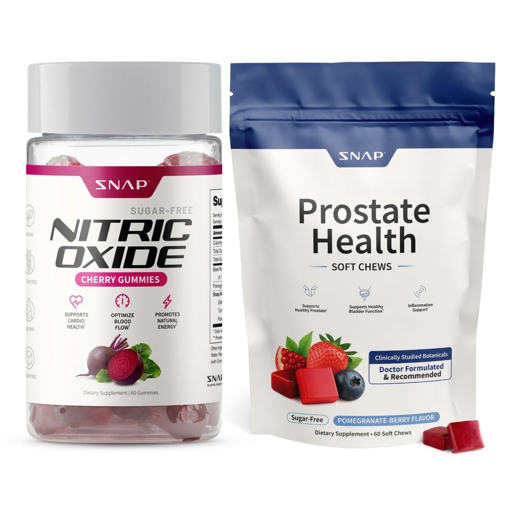 Snap Supplements Nitric Oxide Beet Root Gummies + Prostate Health Soft Chews, 60 Cherry Gummies + 60 Sugar-Free Pomegranate Berry Soft Chews