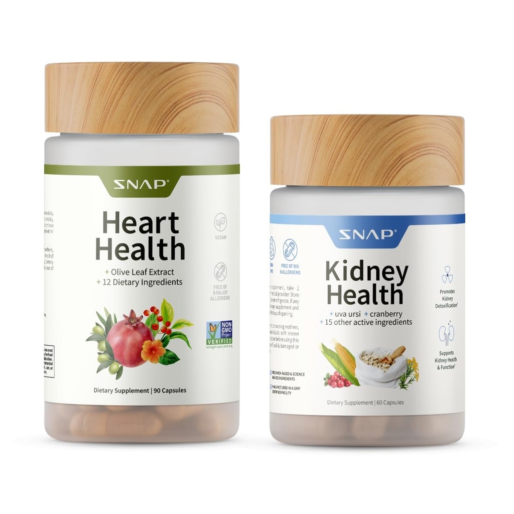 Snap Supplements Heart Health + Kidney Health Supplement Bundle, 90 + 60 Capsules (Packaging May Vary)