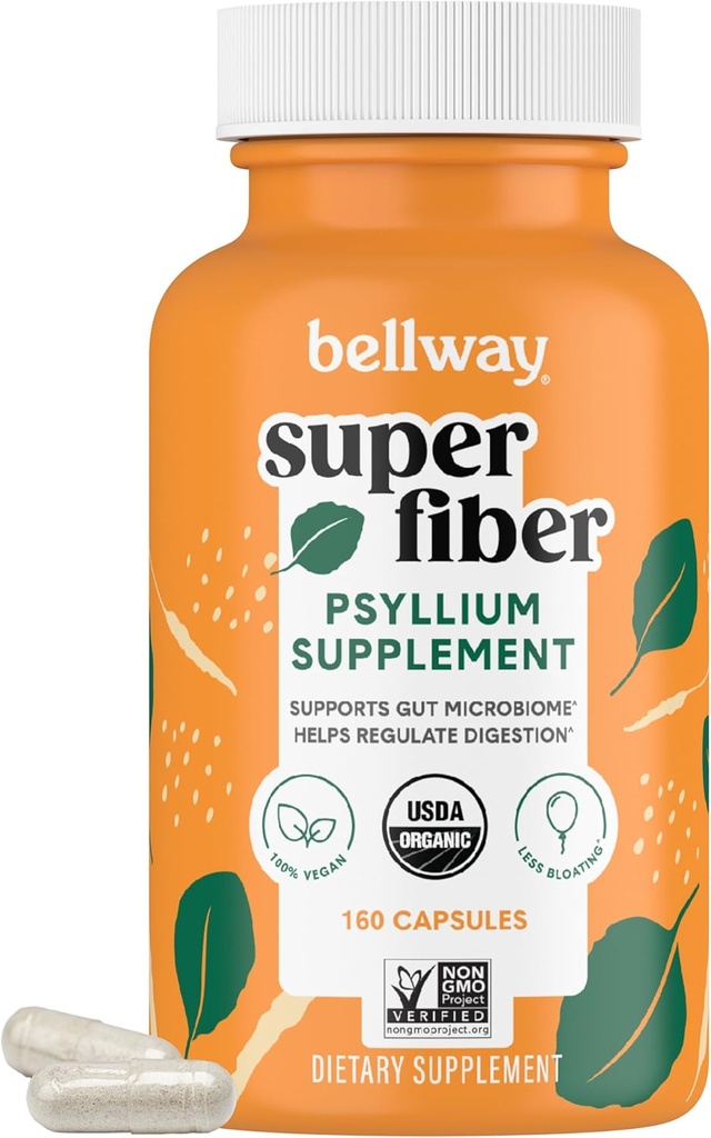Bellway Super Fiber Capsules - USDA Organic Psyllium Husk Capsules - Daily Psyllium Husk Fiber Supplement for Digestive Health and Regularity - Plant Based, Non-GMO, Kosher - 160 cápsulas