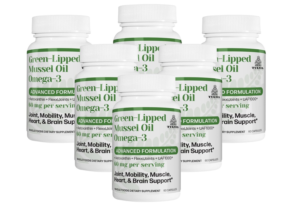 TURNER New Zealand Green-Lipped Mussel Oil, Essential Omega-3s, UAF1000+ Antioxidant, Astaxanthin, 6 Bottles, 360 Softgels
