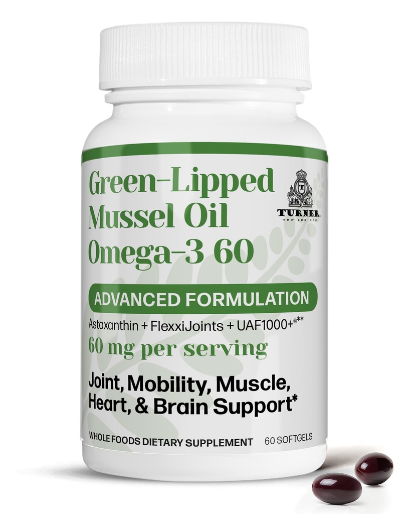 TURNER Omega-3 New Zealand Green Lipped Mussel Oil, 53x Higher Potency with UAF1000+ Super Antioxidant for Superior Joint Comfort & Mobility, No Fishy Aftertaste, 1 Bottle, 60 Softgels