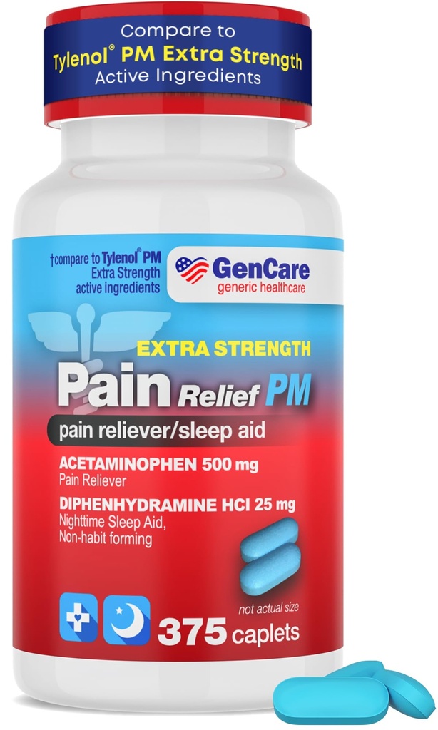 GenCare Extra Strength Acetaminophen PM 500 mg (375 Tablets) | Ultimate Pain Relief & Sleep Support for Adults | Quick Acting & Non Habit Forming Headache Relief | Eases Aches & Joint Discomfort