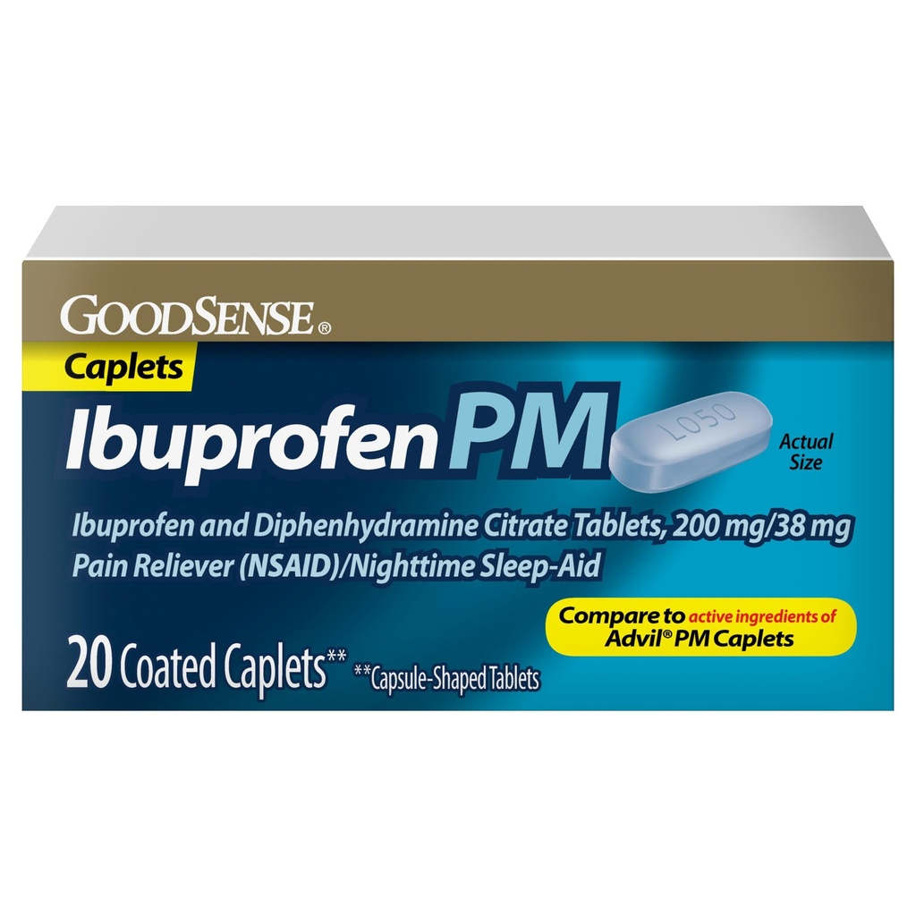 GoodSense Ibuprofen PM, Ibuprofen 200 mg and Diphenhydramine Citrate 38 mg Tablets, Pain Reliever and Nighttime Sleep-Aid