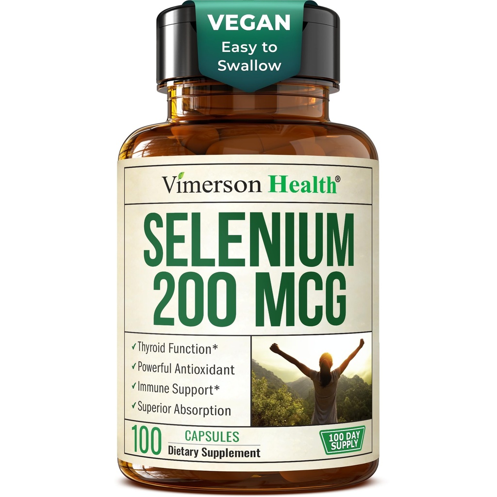 Selenium 200 mcg Capsules – High-Potency Selenium Supplement for Thyroid, Antioxidant & Immune Support – Highly Bioavailable L-Selenomethionine Essential Mineral Supplements – Vegan, 100 Capsules