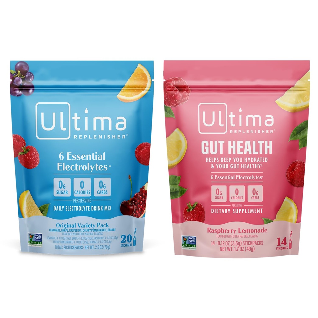 Ultima Replenisher Electrolyte Powder Drink Mix Bundle – Sugar Free – Variedad, Gut Health – 20 Stickpacks, 14 Stickpacks – 6 Electrolytes and Minerals – Keto Friendly, Vegan, Non-GMO