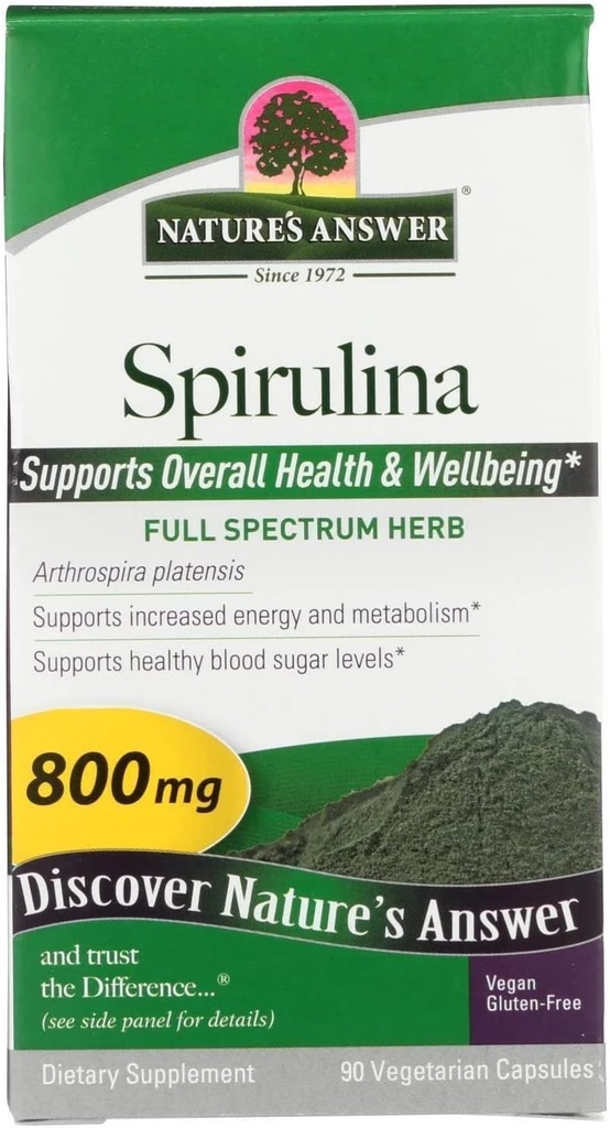 Respuesta de la naturaleza Spirulina Herbal Powder Capsules 90 Conde  durable Natural Immune Support ← Pre Biotic TEN Rich in Fiber, Proteínas, Antioxidantes y Vitaminas