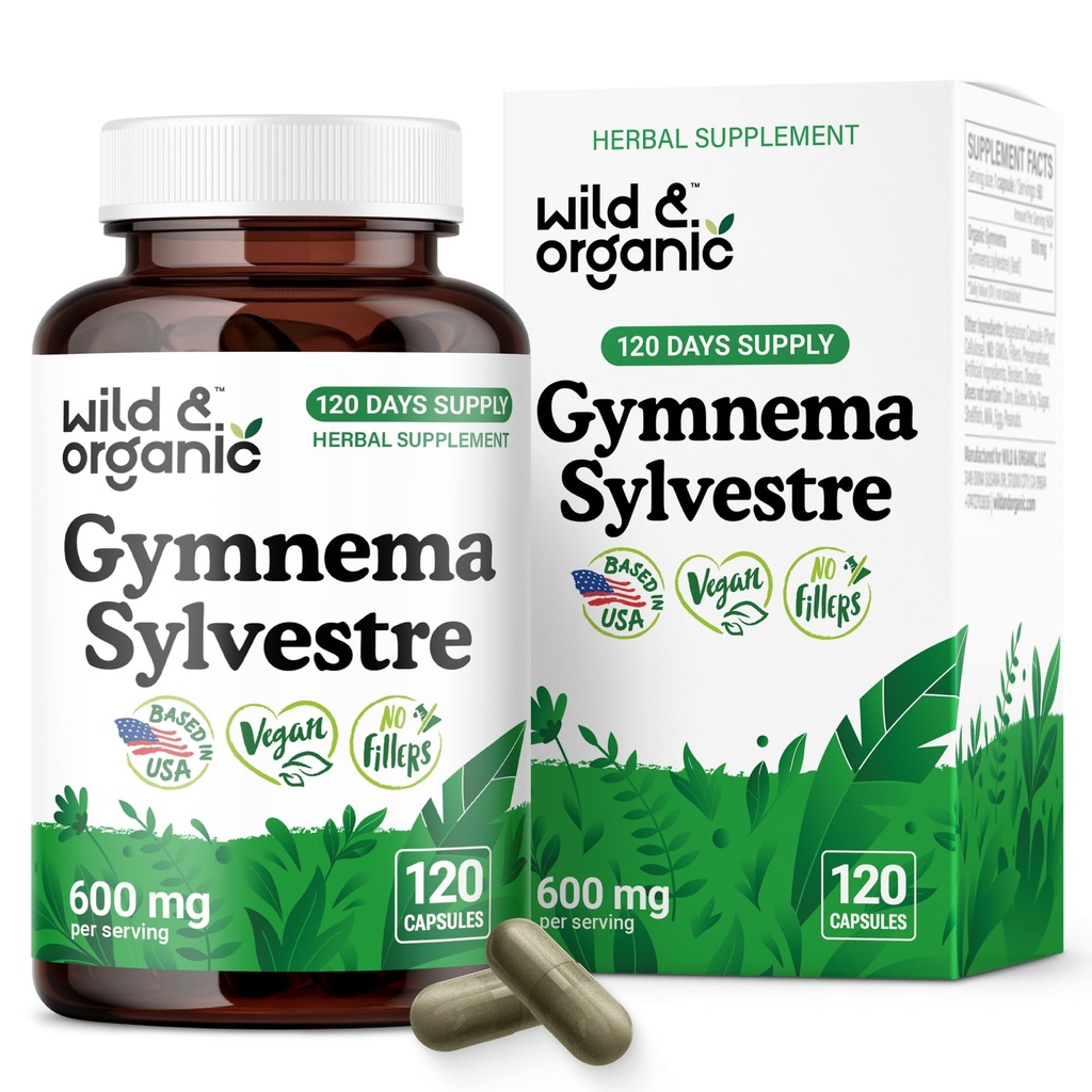 Wild & Organic Gymnema Sylvestre Capsules 600 mg - Overall Support - Natural Gymnema Supplement - Gurmar Herb Powder - 120 Days of Supply - Vegan, No Fillers, Non-GMO - 120 Count