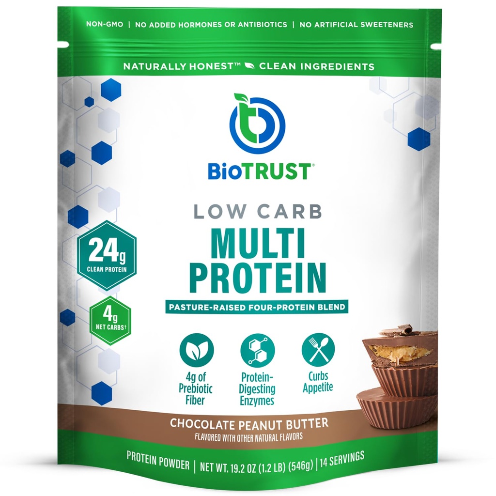 BioTrust Low Carb Protein Powder - Delicious Whey & Casein Blend from Grass-Fed Hormone Free Cows - Non GMO, Gluten Free (Chocolate Peanut Butter)