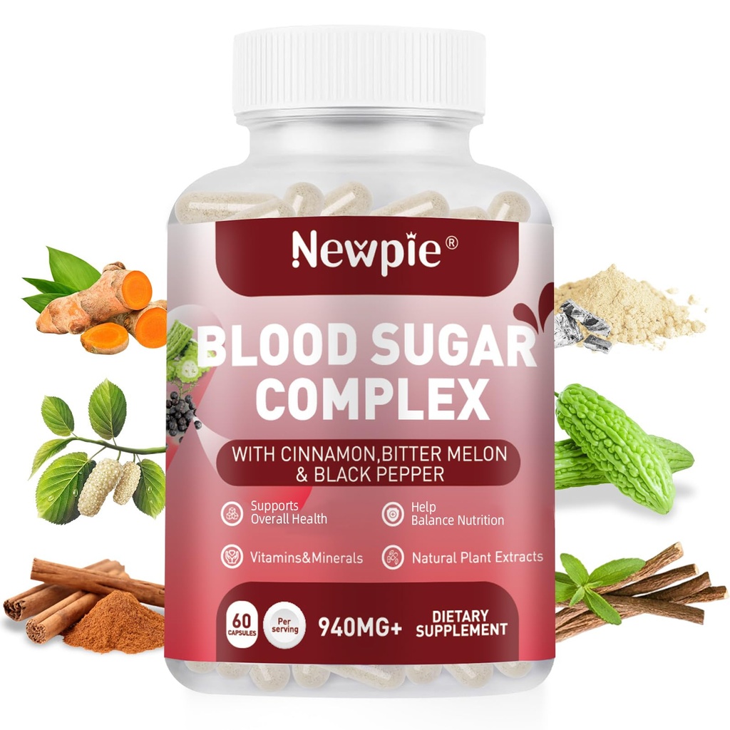 Blood Sugar Complex Supplement – Natural with 20 Active Herbs and Vitamins, Including Cinnamon, Bitter Melon, Black Pepper, Licorice, Vegan, Non-GMO, Gluten-Free, 60 Capsules