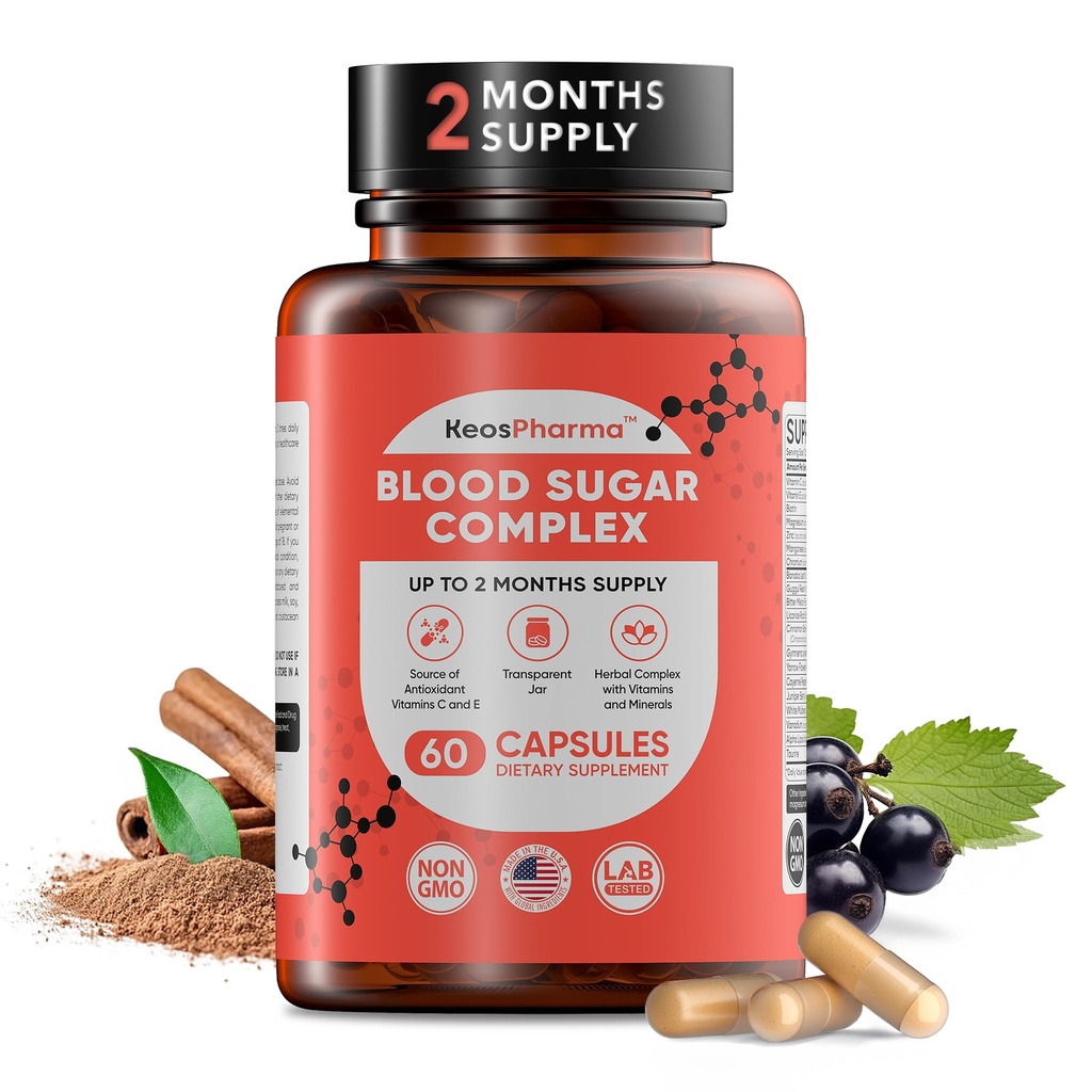 Blood Sugar Complex, 60 Capsules, Up to 2 Months Supply with Cinnamon, Zinc, Cayenne Pepper Fruit, Chromium, Vitamin C,E, Biotin, Magnesium and Other