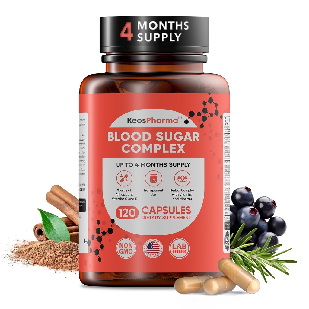 Blood Sugar Complex, 120 Capsules, Up to 4 Months Supply with Cinnamon, Zinc, Cayenne Pepper Fruit, Chromium, Vitamin C,E, Biotin, Magnesium and Other