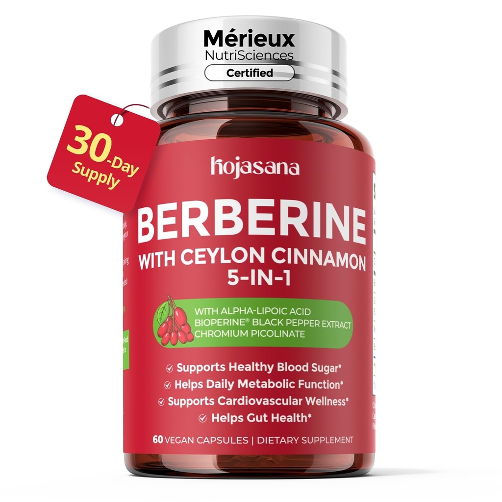 30-Day Supply Berberine 1600mg, Berberine with Ceylon Cinnamon for Blood Sugar, Cholesterol & Metabolism* | Gluten-Free, Non-GMO & Vegan Berberine Supplement | 60 Capsules