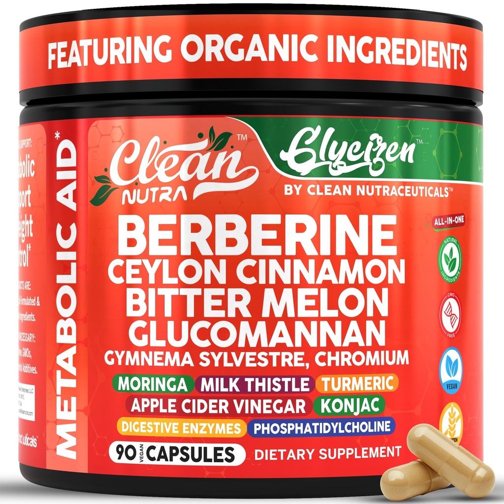 Clean Nutra Berberine and Ceylon Cinnamon Supplement Bitter Melon Glucomannan Gymnema Sylvestre Chromium Moringa Milk Thistle Turmeric Apple Cider Vinegar Digestive Enzymes Inositol Pills 90 Capsules