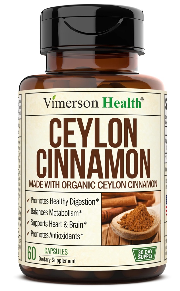 Organic Ceylon Cinnamon Capsules - Ceylon True Cinnamon Supplements (Canela de Ceylan) for Inflammation Balance, Cognitive Function, Metabolic, Antioxidant Support. Non-GMO. Vegan. 60 Caps Made in USA
