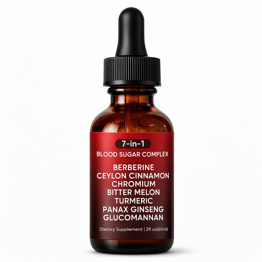 7-in-1 Blood Sugar Complex Liquid Drops - Berberine with Ceylon Cinnamon, Chromium, Bitter Melon, Turmeric, Panax Ginseng & Glucomannan, Herbal Metabolic Support Supplement - 2fl oz