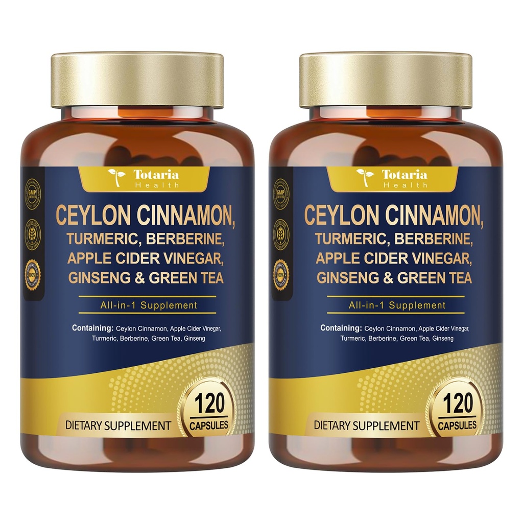 (2 Packs) 18-in-1 Organic Ceylon Cinnamon Capsules 20:1 Extract, Powerful Ceylon Cinnamon Berberine Supplement w/Apple Cider Vinegar Turmeric Bitter Melon, for Metabolism, Heart, Energy, Non-GMO