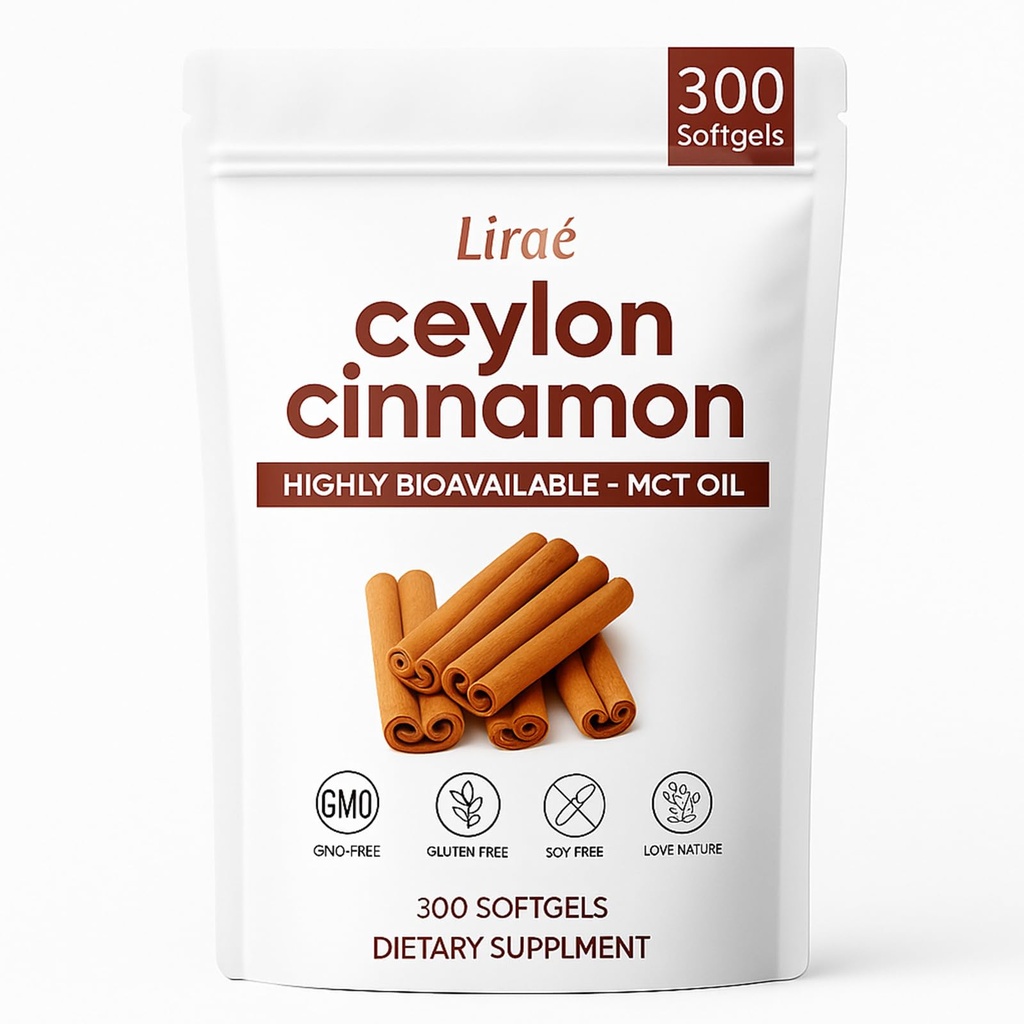 LIRAE Ceylon Cinnamon Softgels with MCT Oil – 300 Softgels – True Ceylon Cinnamon Supplement – Non-GMO, Gluten Free – Gentle Daily Wellness Support (1)