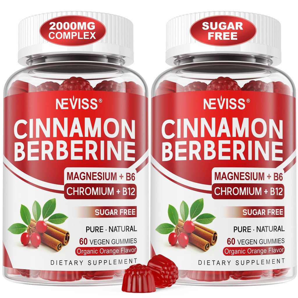 Ceylon Cinnamon Berberine Gummies 2000mg Sugar Free, Organic Berberine HCI Supplement with Ceylon Cinnamon, Bitter Melon, Green Tea, Chromium, Magnesium Glycinate & Methyl B12 for Women & Men, 120ct