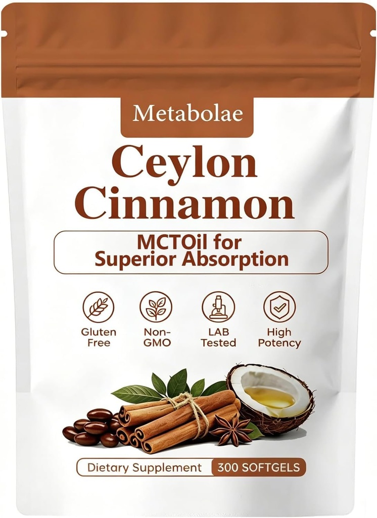 Metabolae Ceylon Cinnamon Capsules with MCT Oil, High Absorption, Non-GMO, Gluten Free, 300 Softgels (1)