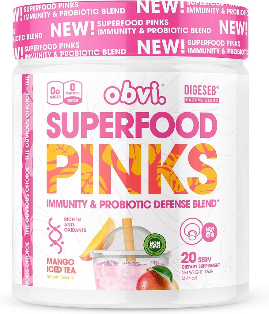 Obvi Superfood Pinks Probiótico Blend ← Rich in Antioxidants, Adaptogens, Digestive Enzyme Blend, Immune Support, Gut Health ← Keto, Gluten-Free, No Sugar, 10 Billion CFU ← Mango Iced Tea, 20 Servings