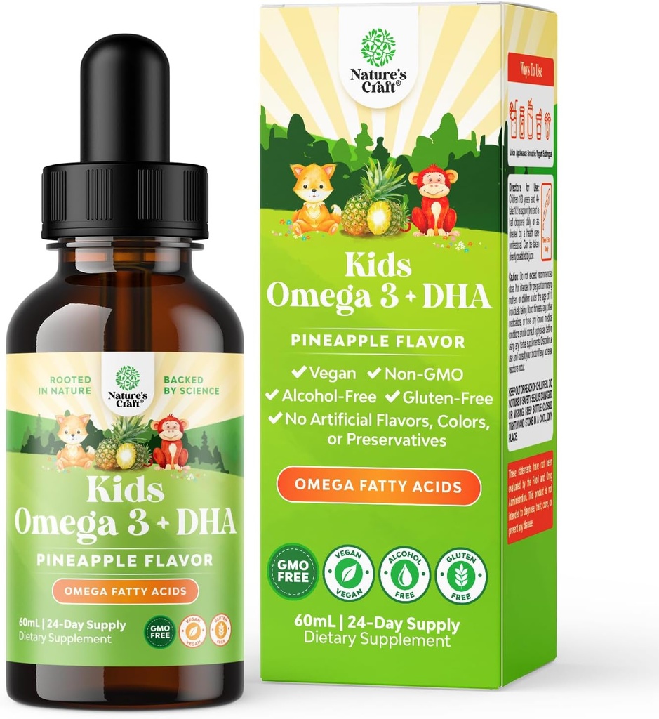 Niños DHA Omega 3 gotas - ácidos grasos Omega 3 6 9 para cerebro, Immune Strength & Vision - DHA nutricional para niños para sistema nervioso saludable " Apoyo en foco - Suplemento líquido con EPA " ALA - 2 Fl Oz