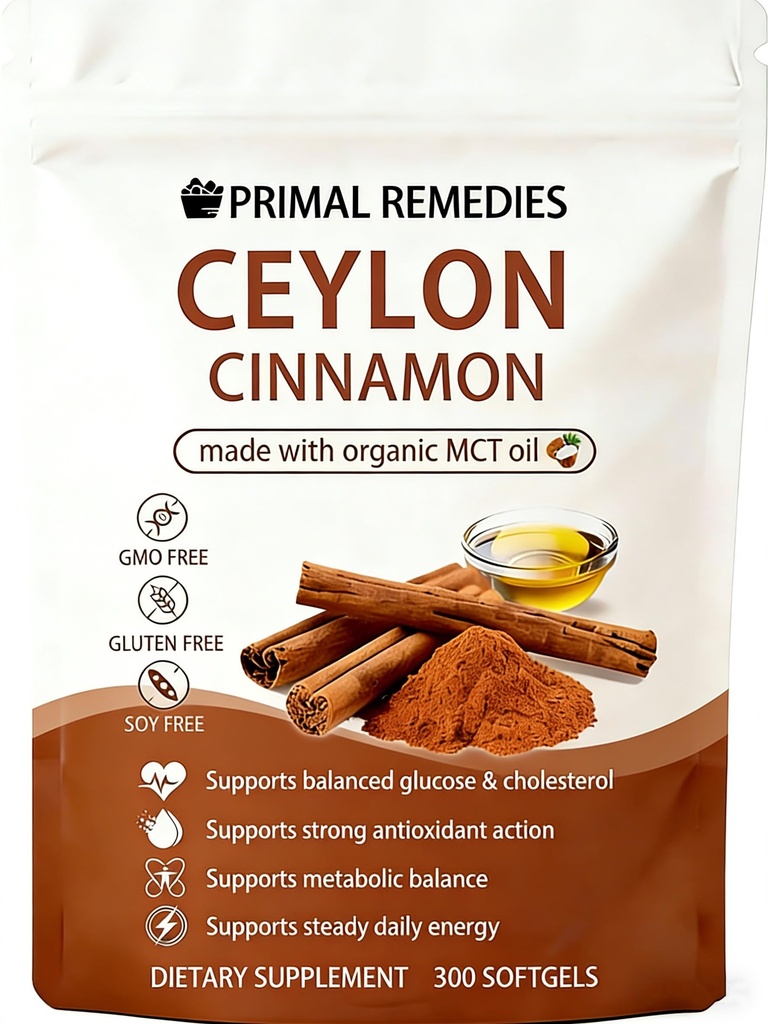 Primal Remedies Ceylon Cinnamon 7200MG with MCT Oil – 300 Softgels, Non-GMO & Gluten Free, Premium Ceylon Cinnamon Formula