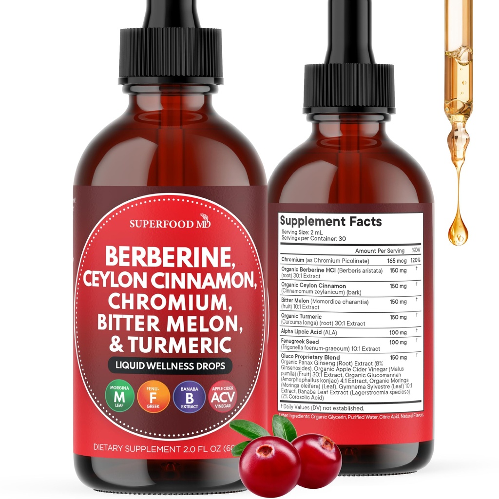 Berberine with Ceylon Cinnamon Supplement Liquid Drops + Bitter Melon Extract, Glucomannan, Gymnema, Chromium, Turmeric, Organic Panax Ginseng, Moringa 2oz