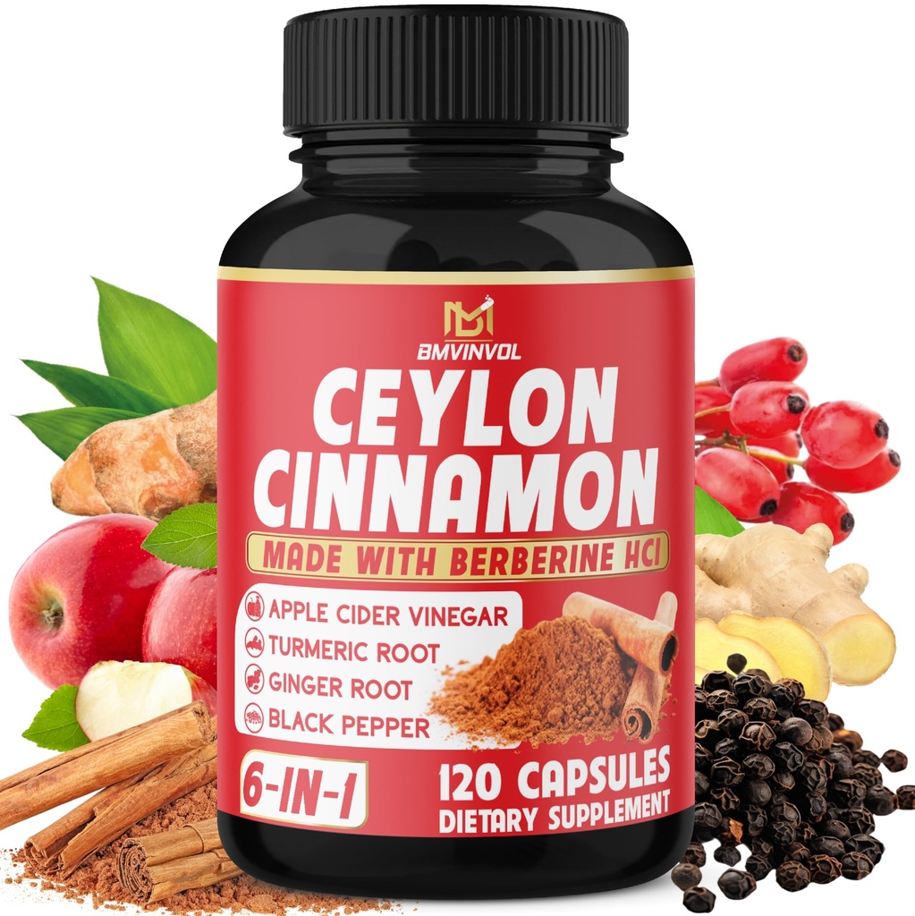 Ceylon Cinnamon Capsules - 120 Capsules - High Potency with Apple Cider Vinegar, Turmeric, Ginseng, Berberine - Antioxidant Support - 2 Month Supply