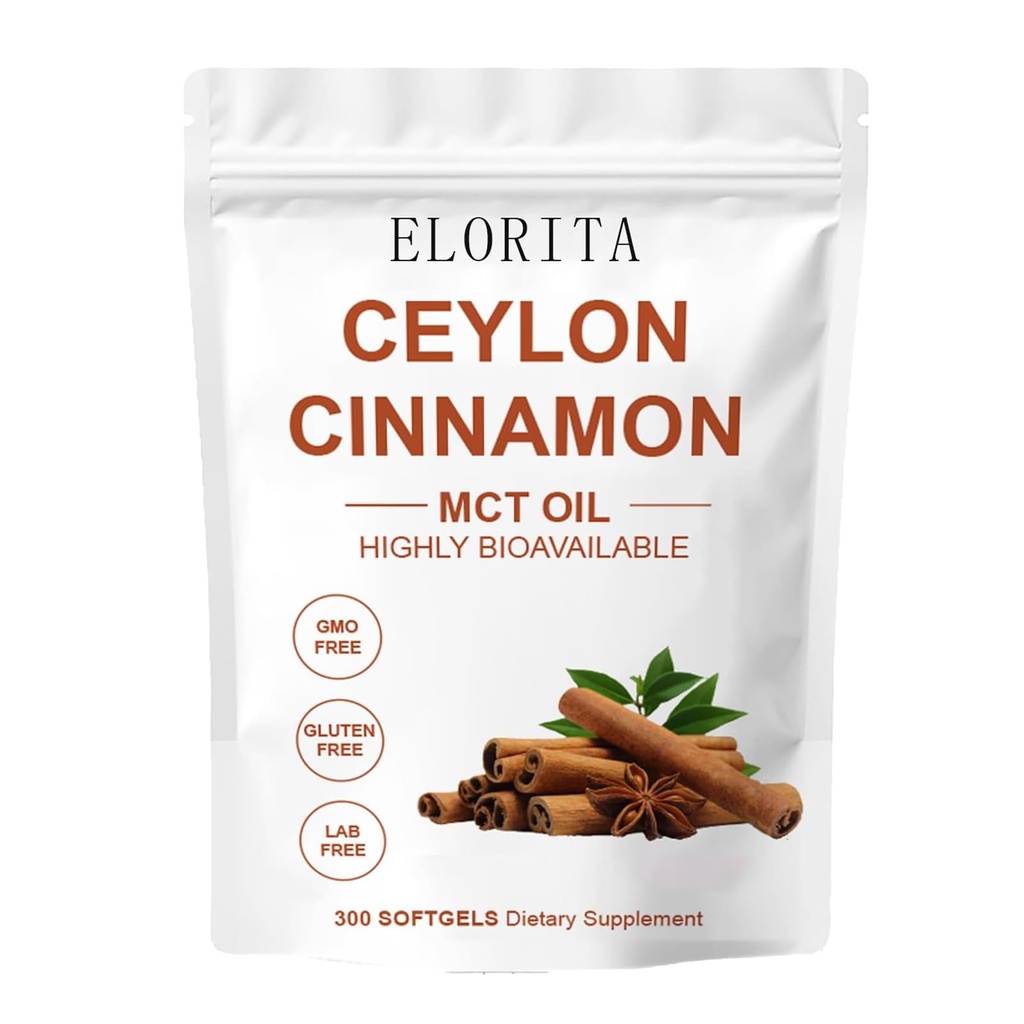 ELORITA Ceylon Cinnamon Softgels, Highly bioavailable Herbal extracts, Non-GMO, Gluten-Free. Easy-to-Swallow softgels - 300 softgels (1)