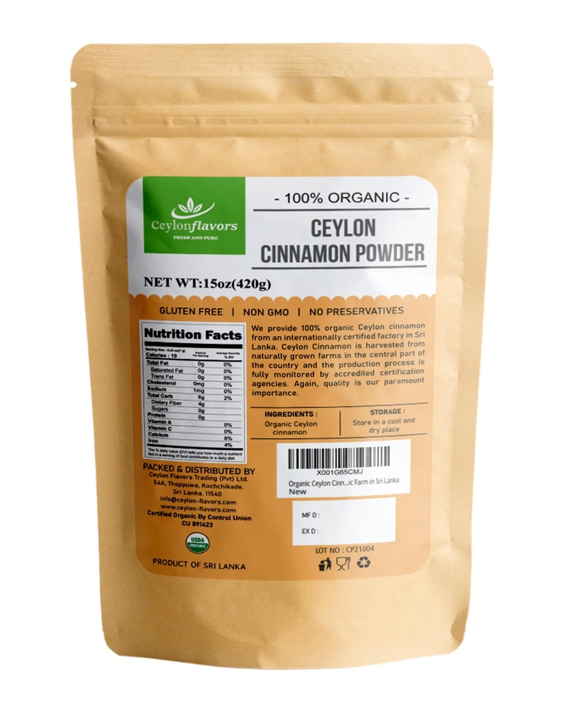 Organic Ceylon Cinnamon Powder, 15 oz, True Cinnamon, Premium Grade, Harvested & Packed from a USDA Certified Organic Farm in Sri Lanka