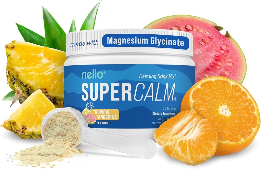 Nello Supercalm Powdered Drink Mix, Tropical Tangerine, L Theanine, Ksm-66 Ashwagandha, Magnesium Glycinate, Vitamina D 3, Suplementos para la relajación & Focus, Natural, No Sugar, Non GMO, 30 Srvg