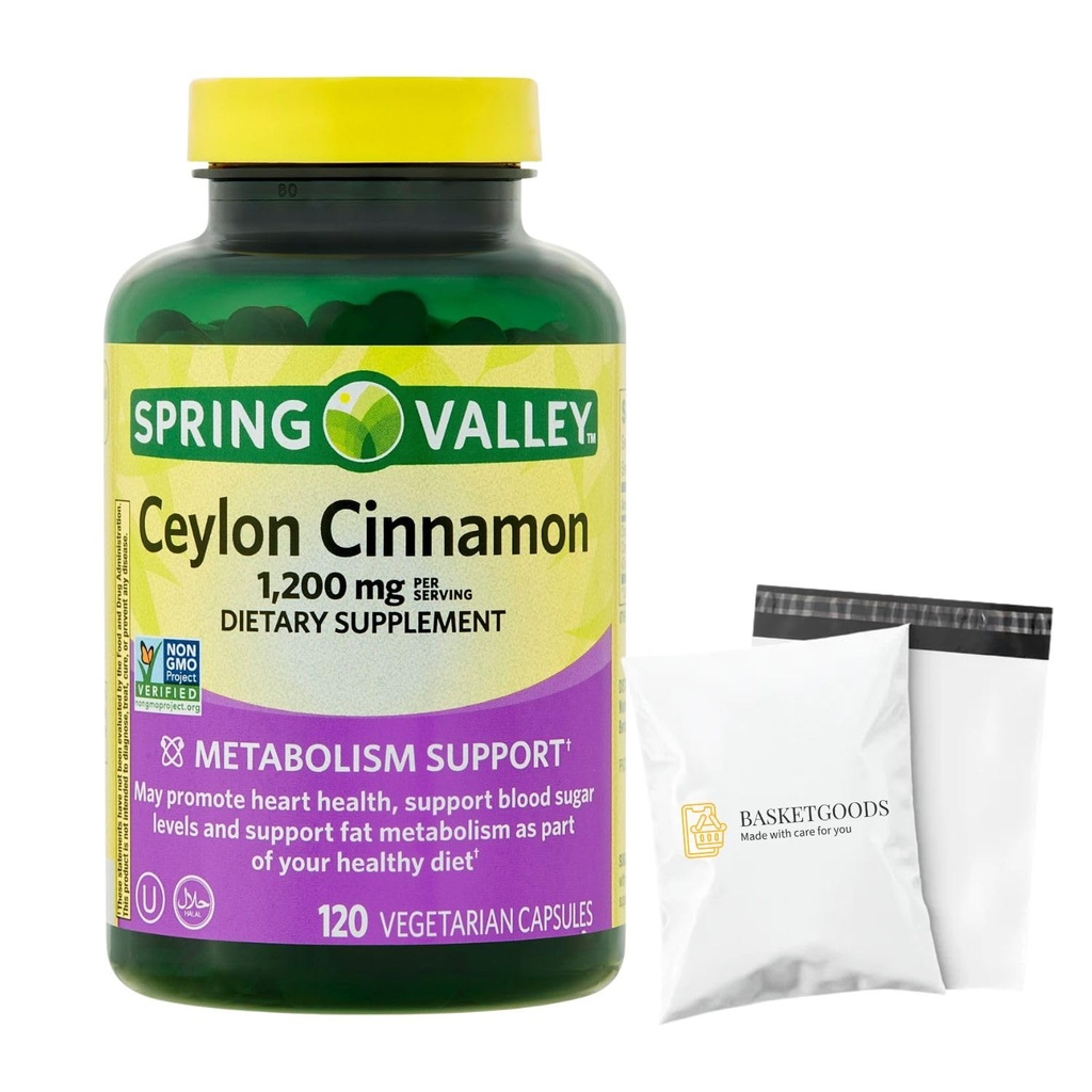 Spring Valley Ceylon Cinnamon Capsules 1200 mg Capsules, Support Metabolism * 120 Count | Non-GMO & Gluten Free Pills (Pack of 1) - Set by Basket Goods