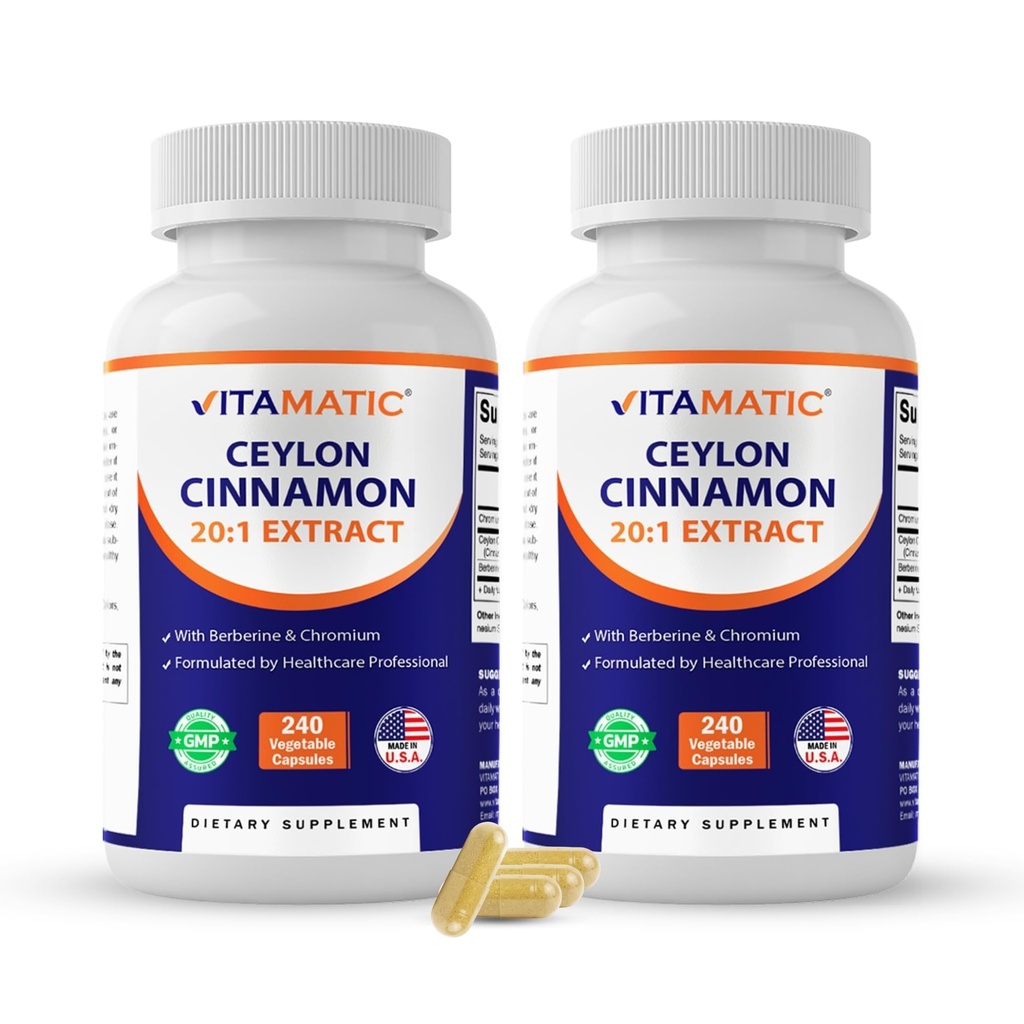 Vitamatic Ceylon Cinnamon 500 mg & Berberine HCl 50 mg with Chromium 400 mcg (Serving Size 2 Capsules) – Vegetable Capsules – Non-GMO, Gluten-Free – 240 Capsules - 2 Pack