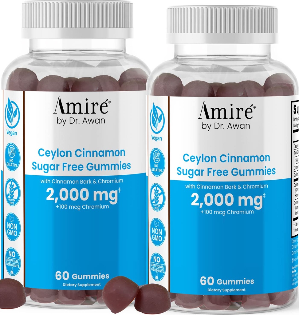 Amire by Dr. Awan Sugar-Free Vegan Ceylon Cinnamon Gummies, Replace Ceylon Cinnamon Capsules & Pills, 120ct