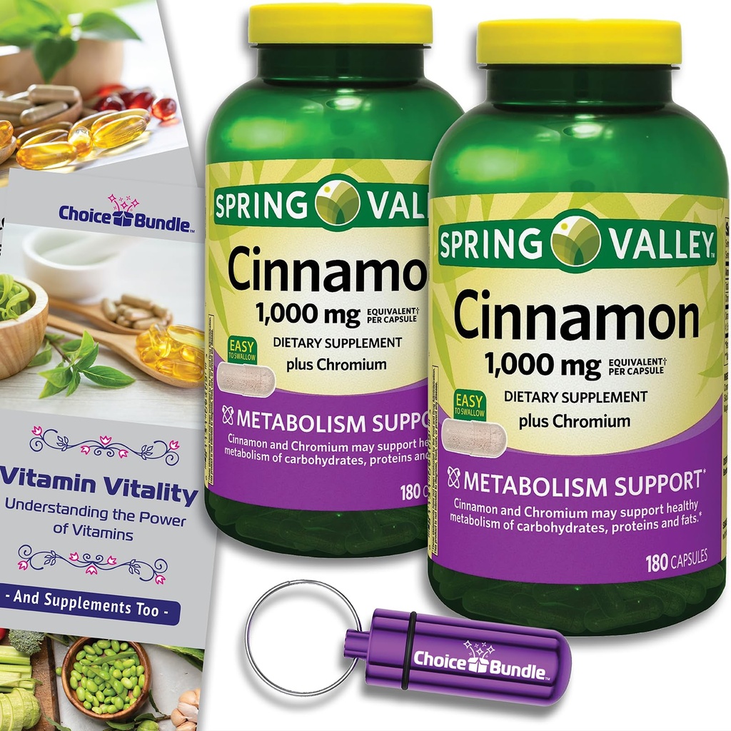 Choice Bundle Spring Valley Cinnamon Plus Chromium Capsules 1000 mg 180 Ct 2 Pk (360 Total) + Vitamin Vitality & Pill Container!