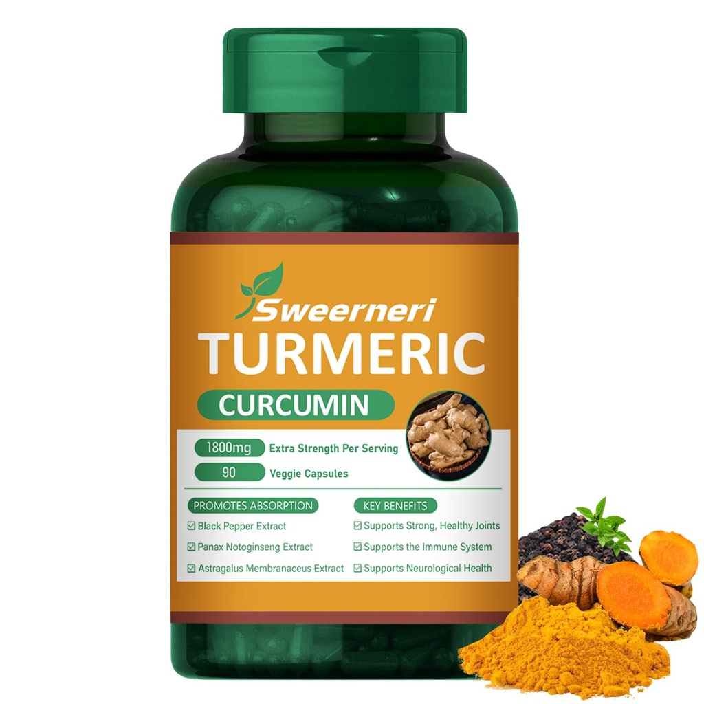 Turmeric Curcumin 1800mg with 95% Curcuminoids & Black Pepper – High Absorption Formula for Joint, Inflammation & Immune Support – Extra Strength, Vegan, Non-GMO – 90 Capsules