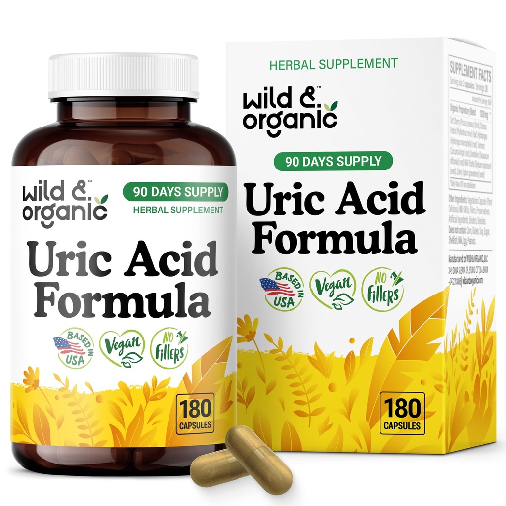 Wild & Organic Uric Acid Formula Capsules - Uric Acid Cleanse Support - Antioxidant Supplement with Tart Cherry Powder, Dandelion Root & Celery - Vegan, No Fillers, Non-GMO - 180 Count
