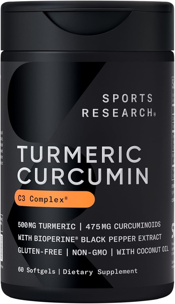 Investigación Deportiva Curcumina Turmérica Complejo C3 500 mg, Aceite de Pepper Negro mejorado y de coco orgánico para una mejor absorción; No GMO y Gluten libre - Curcuminoides de 95% estandarizados (60 Conde Softgels)