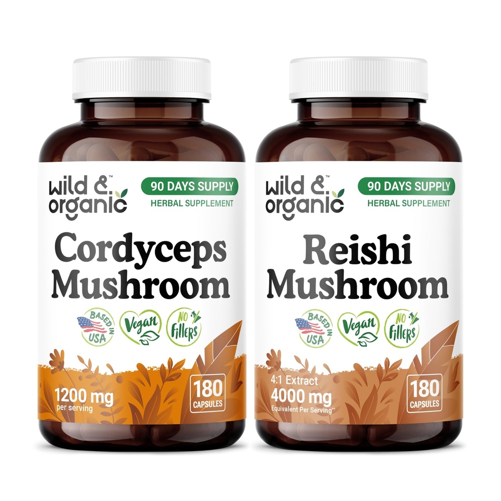 Wild & Organic Cordyceps Mushroom 180 Capsules & Reishi Mushroom 180 Capsules
