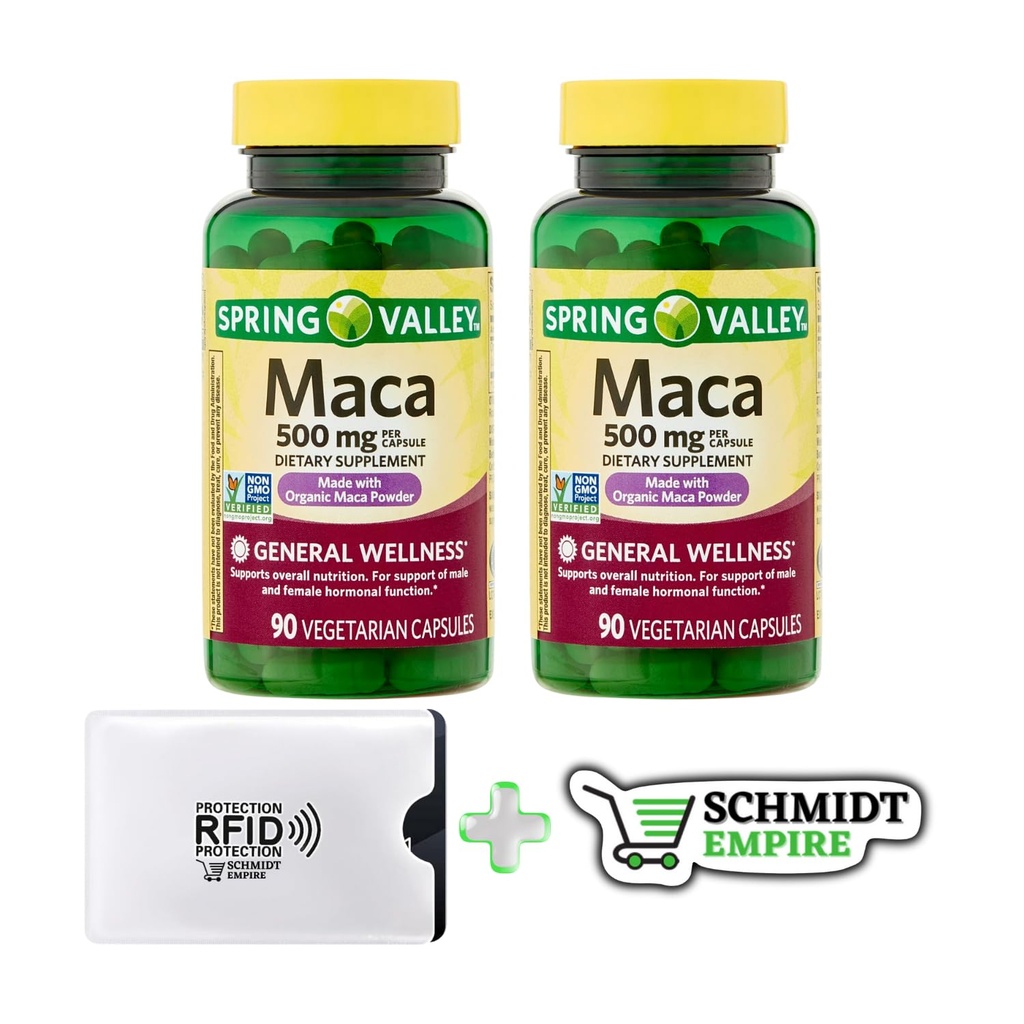 Spring Valley Maca Dietary Supplement, 500 mg, to support general wellness 90 Ct + 1 Card Protector SchmiidtEmpire + Sticker (Pack of 2)