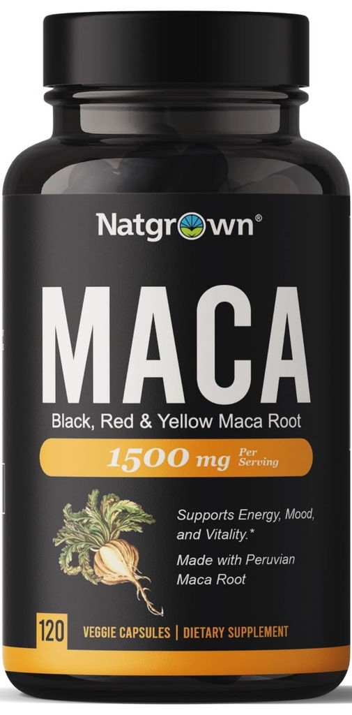 Natgrown Organic Maca Root Powder Capsules - Black, Red & Yellow - 1500 mg per Serving - Gelatinized Peruvian Maca Supplement - Non-GMO, Gluten-Free, Vegan - (120 Count)