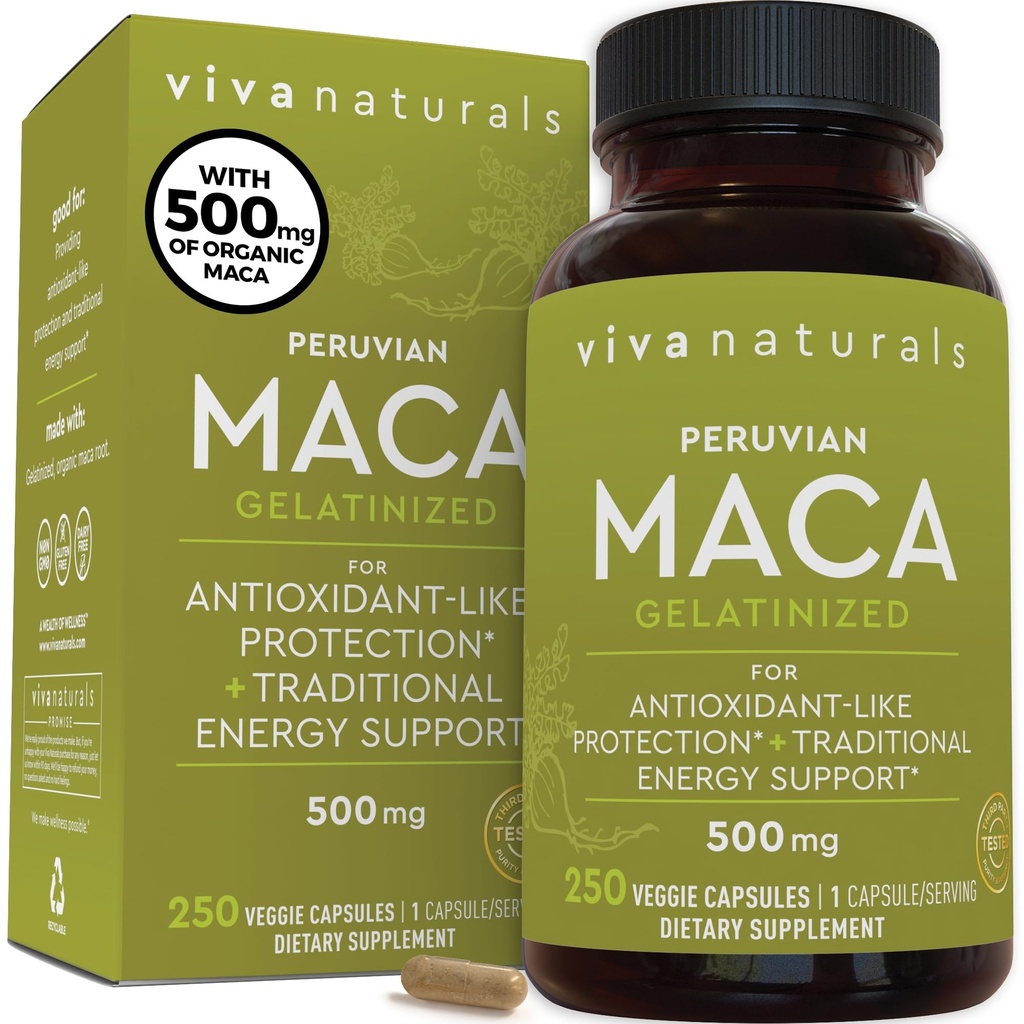 Viva Naturals Peruvian Maca Root Supplement for Women & Men, 500mg - Traditionally Used for Energy, Stamina & Endurance - 250 Yellow Maca Root Powder Capsules, Gelatinized for Easier Digestion