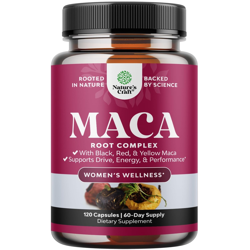 Maca Root Capsules for Women - Potent Herbal Supplement with Female Enhancing Blend of Red Yellow & Black Maca Root - Non-GMO Certified Vegan and Gluten-Free with No Artificial Colors - 120 Count