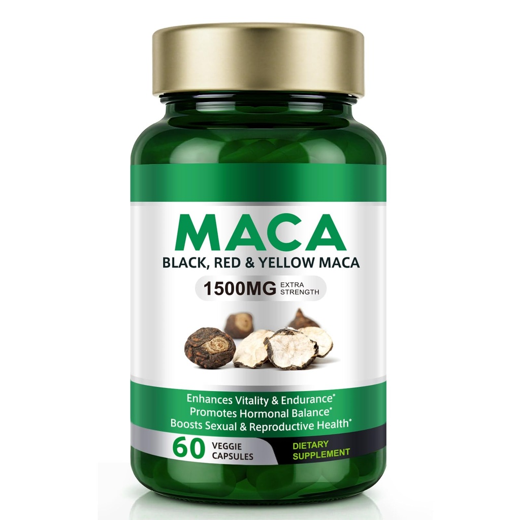 Maca Root, Black Pepper Extract Capsules for Women & Men with 1500 mg Black, Red & Yellow Maca,Gives Energy Boost -60 Capsules, Easy to Swallow